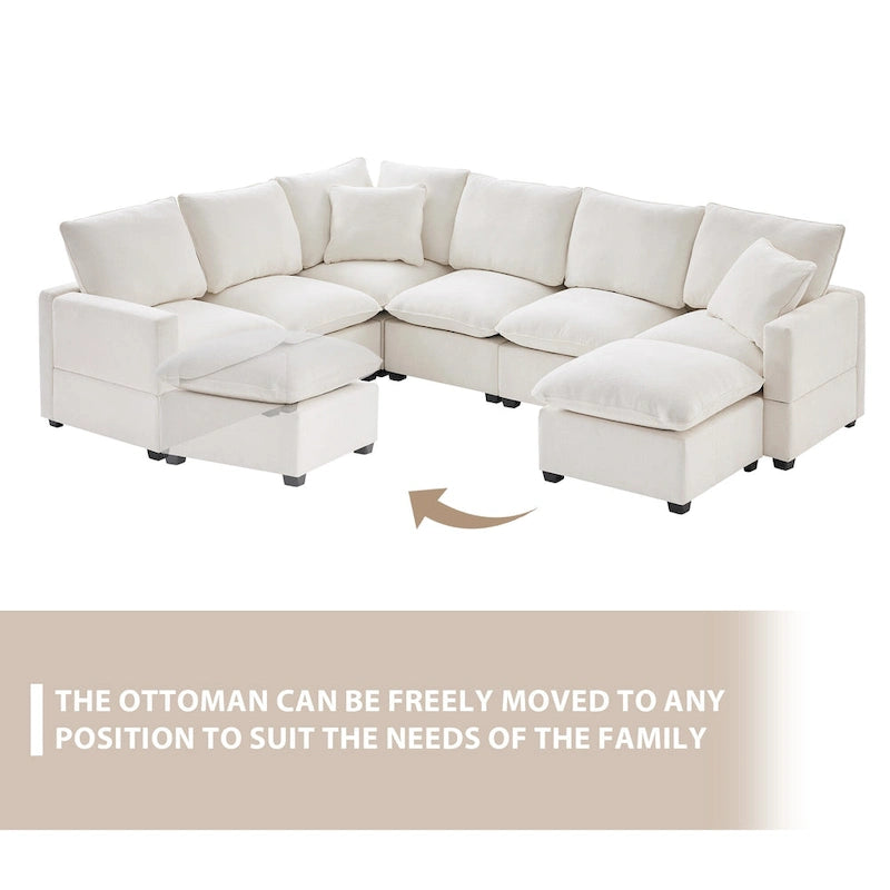 U Shape Modular Sofa, 7 Seat Chenille Sectional Upholstered Couch Set