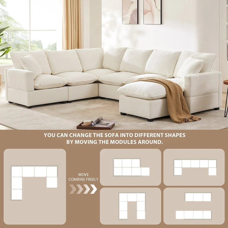 U Shape Modular Sofa, 7 Seat Chenille Sectional Upholstered Couch Set