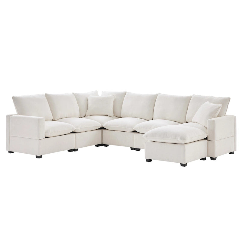U Shape Modular Sofa, 7 Seat Chenille Sectional Upholstered Couch Set