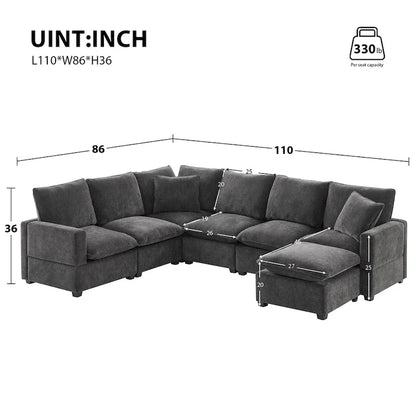 U Shape Modular Sofa, 7 Seat Chenille Sectional Upholstered Couch Set