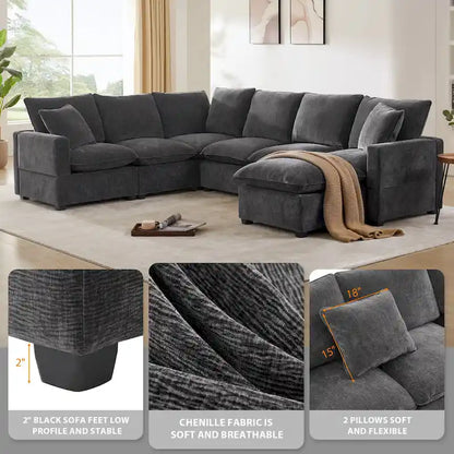 U Shape Modular Sofa, 7 Seat Chenille Sectional Upholstered Couch Set