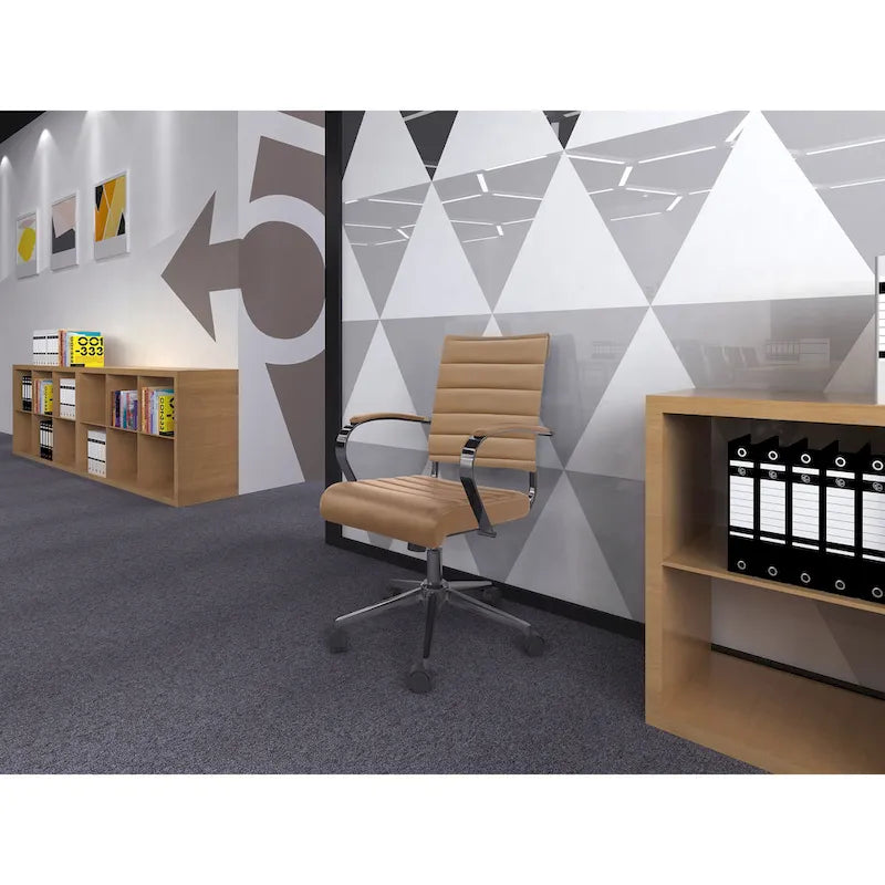 Modern Office Chair, Executive Mid-Back Conference Room Chair in PU Leather with Wheels and Arms