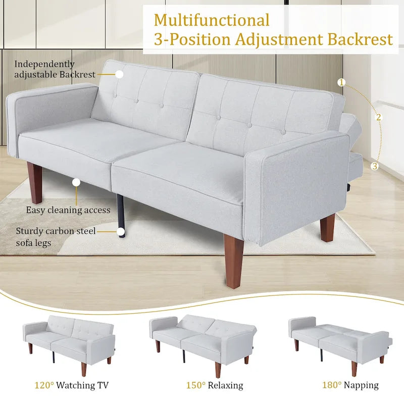 68 in. Twin Size Convertible Sofa Bed Couch w/ Tufted Adjustable Backrest, 5 Colors Optional - 22.44D x 68.11W x 28.74H