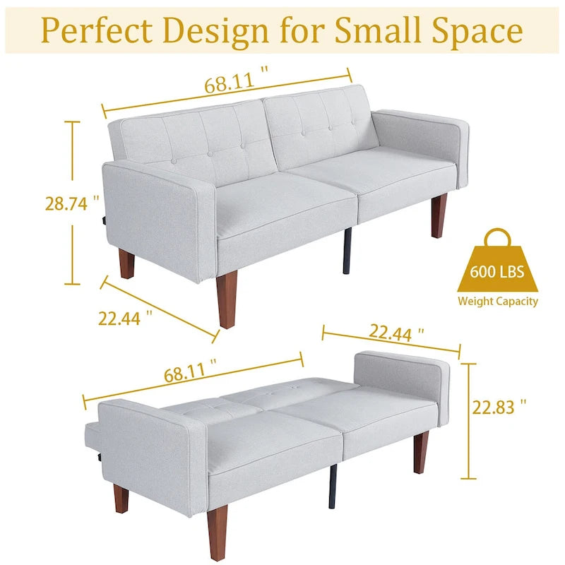 68 in. Twin Size Convertible Sofa Bed Couch w/ Tufted Adjustable Backrest, 5 Colors Optional - 22.44D x 68.11W x 28.74H