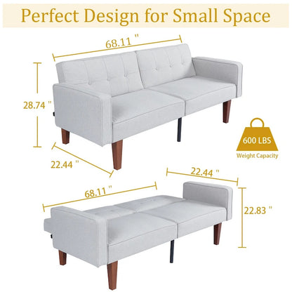 68 in. Twin Size Convertible Sofa Bed Couch w/ Tufted Adjustable Backrest, 5 Colors Optional - 22.44D x 68.11W x 28.74H