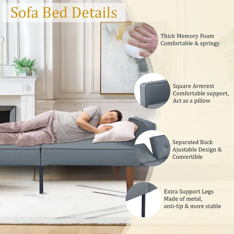 68 in. Twin Size Convertible Sofa Bed Couch w/ Tufted Adjustable Backrest, 5 Colors Optional - 22.44D x 68.11W x 28.74H