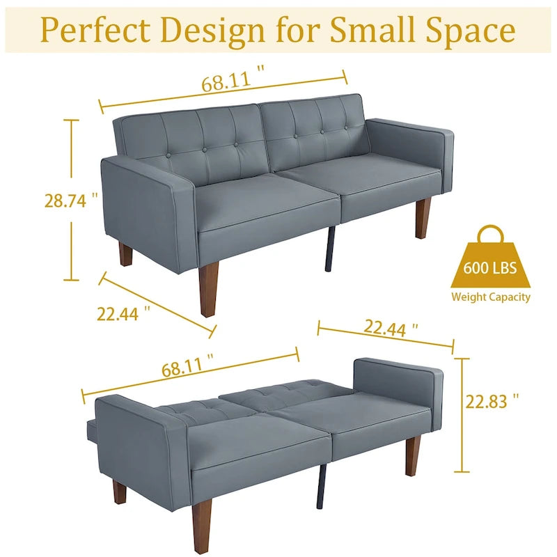 68 in. Twin Size Convertible Sofa Bed Couch w/ Tufted Adjustable Backrest, 5 Colors Optional - 22.44D x 68.11W x 28.74H
