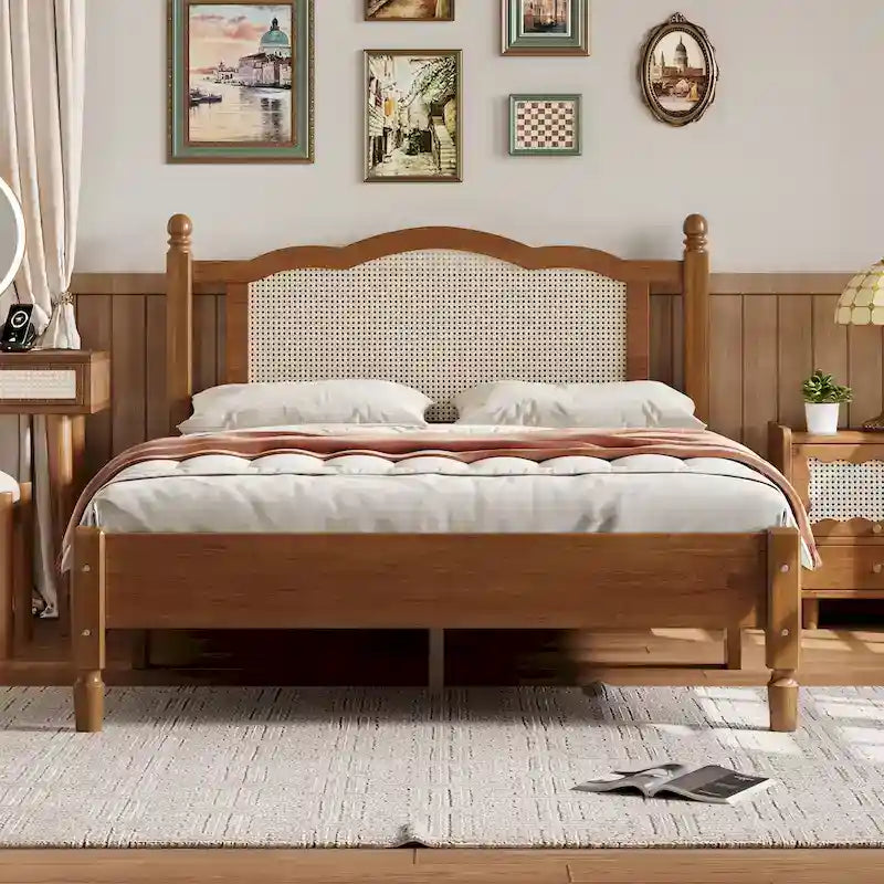 Vintage Wooden Bed with Rattan Headboard