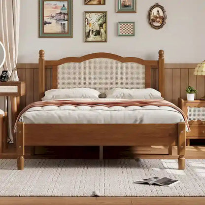 Vintage Wooden Bed with Rattan Headboard