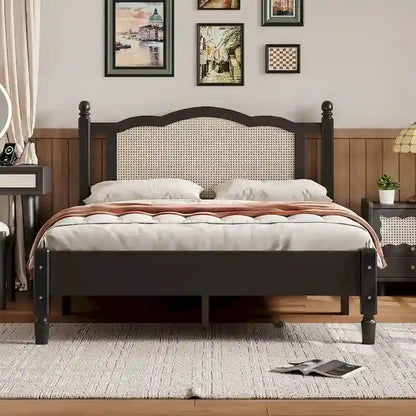 Vintage Wooden Bed with Rattan Headboard