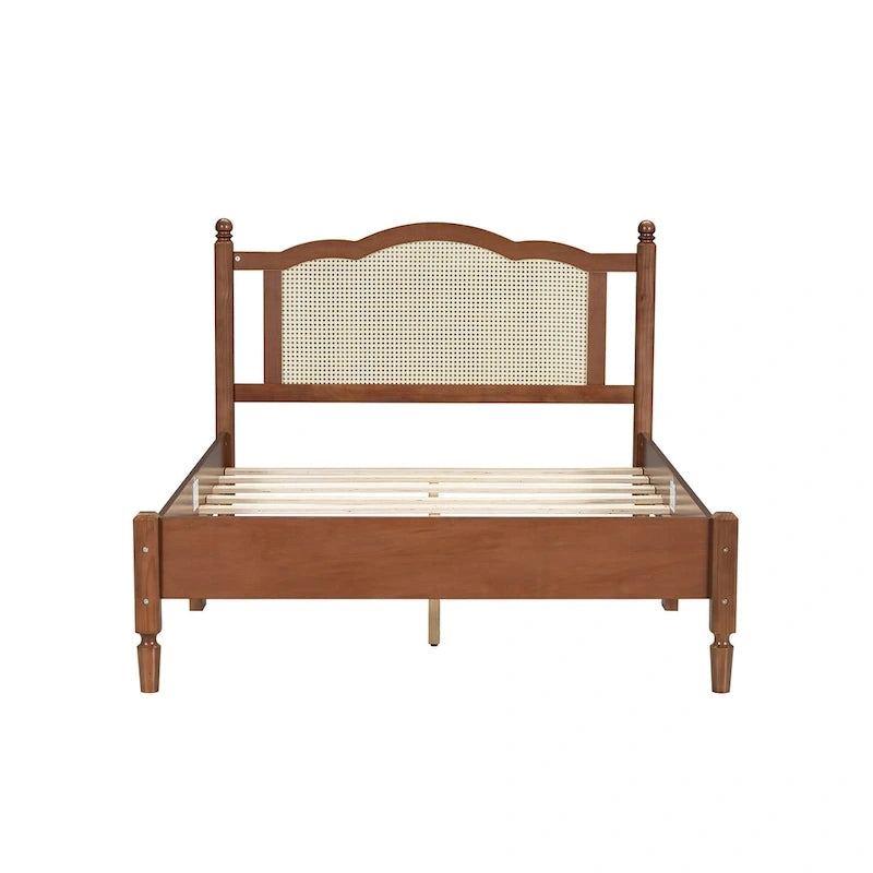 Vintage Wooden Bed with Rattan Headboard