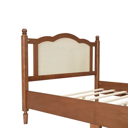 Vintage Wooden Bed with Rattan Headboard