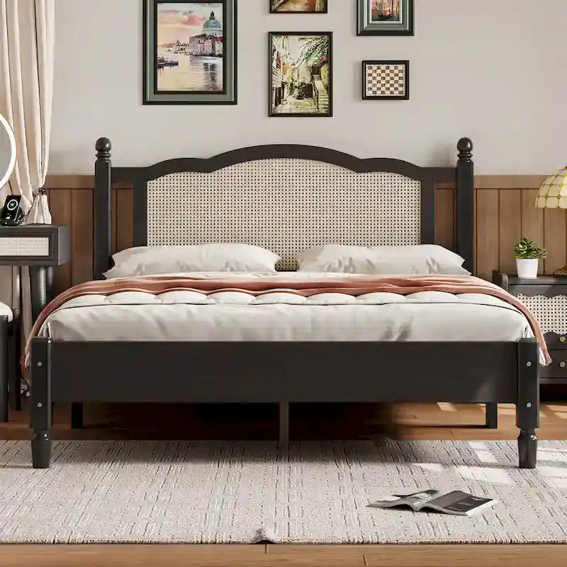 Vintage Wooden Bed with Rattan Headboard