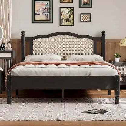Vintage Wooden Bed with Rattan Headboard