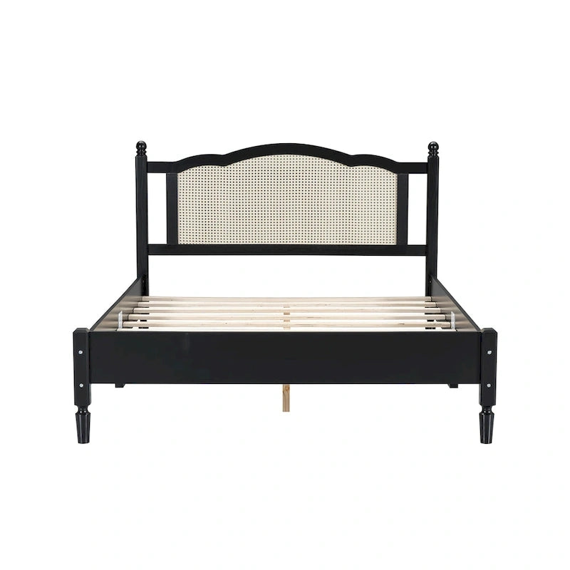 Vintage Wooden Bed with Rattan Headboard