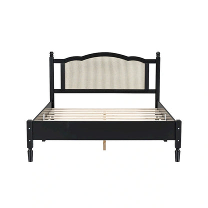 Vintage Wooden Bed with Rattan Headboard