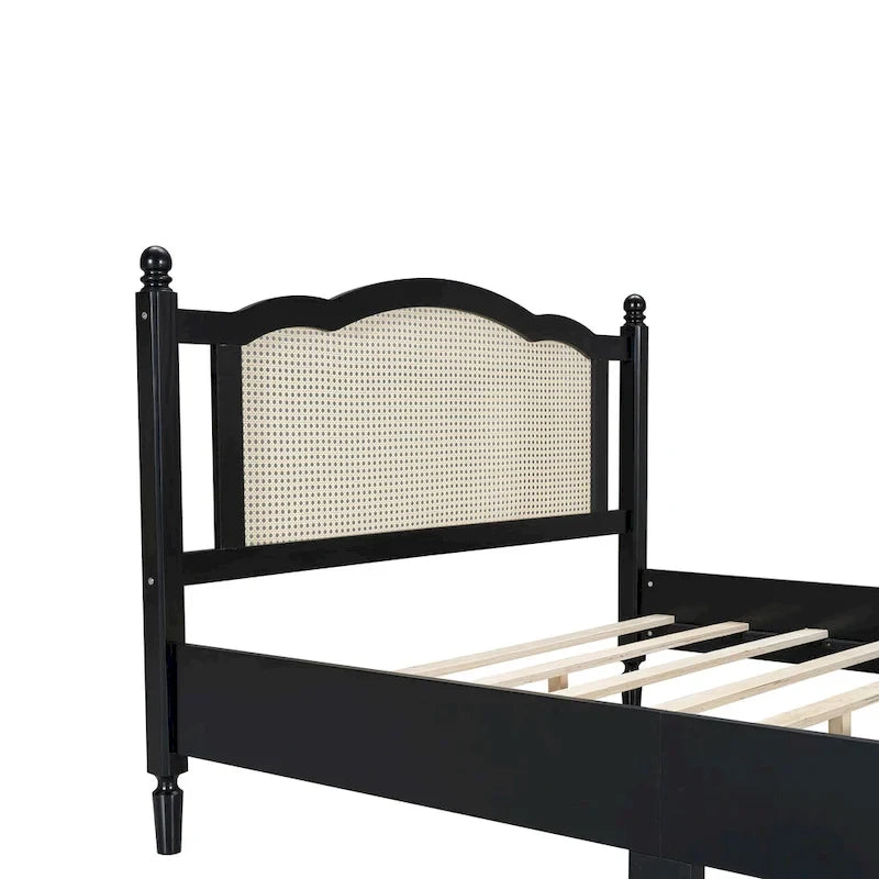 Vintage Wooden Bed with Rattan Headboard