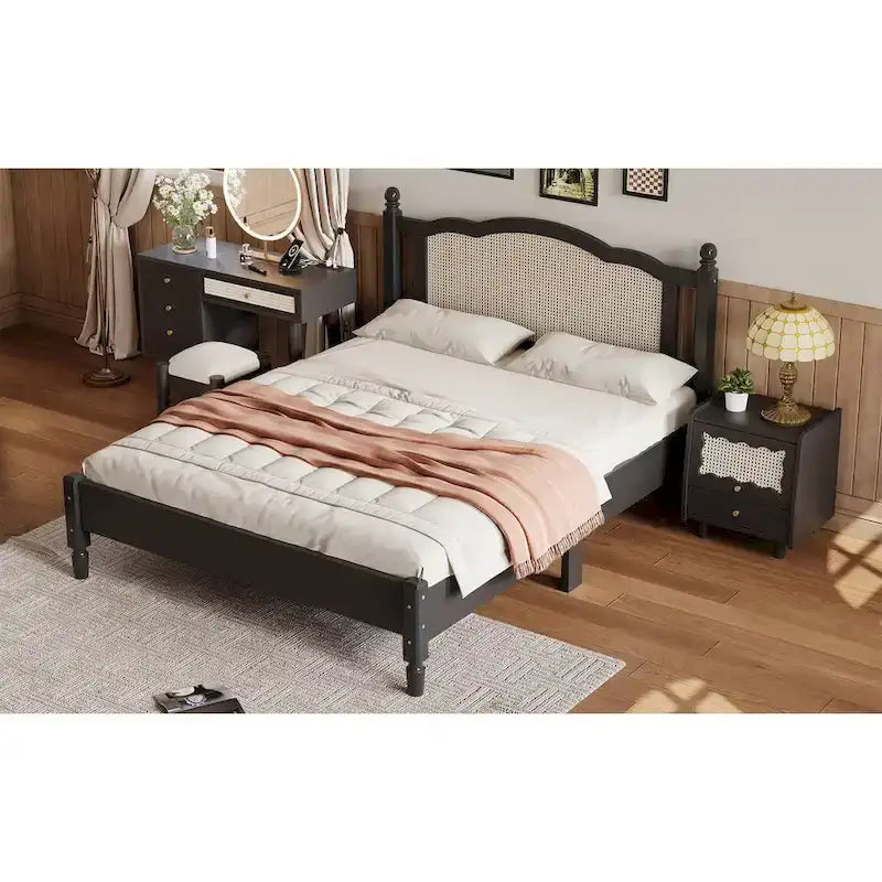 Vintage Wooden Bed with Rattan Headboard