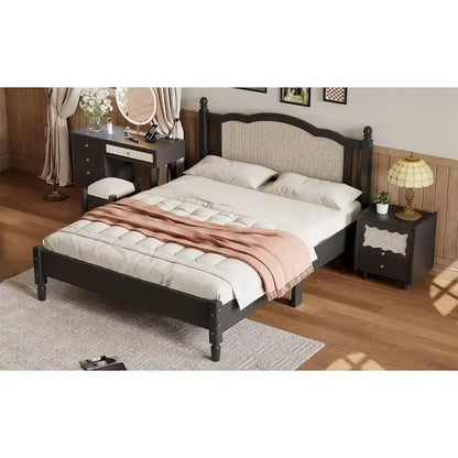 Vintage Wooden Bed with Rattan Headboard