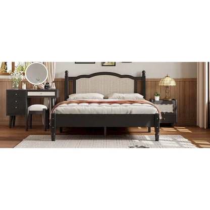 Vintage Wooden Bed with Rattan Headboard