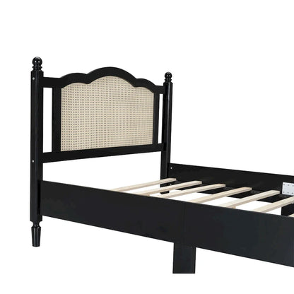 Vintage Wooden Bed with Rattan Headboard