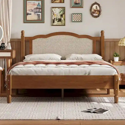 Vintage Wooden Bed with Rattan Headboard