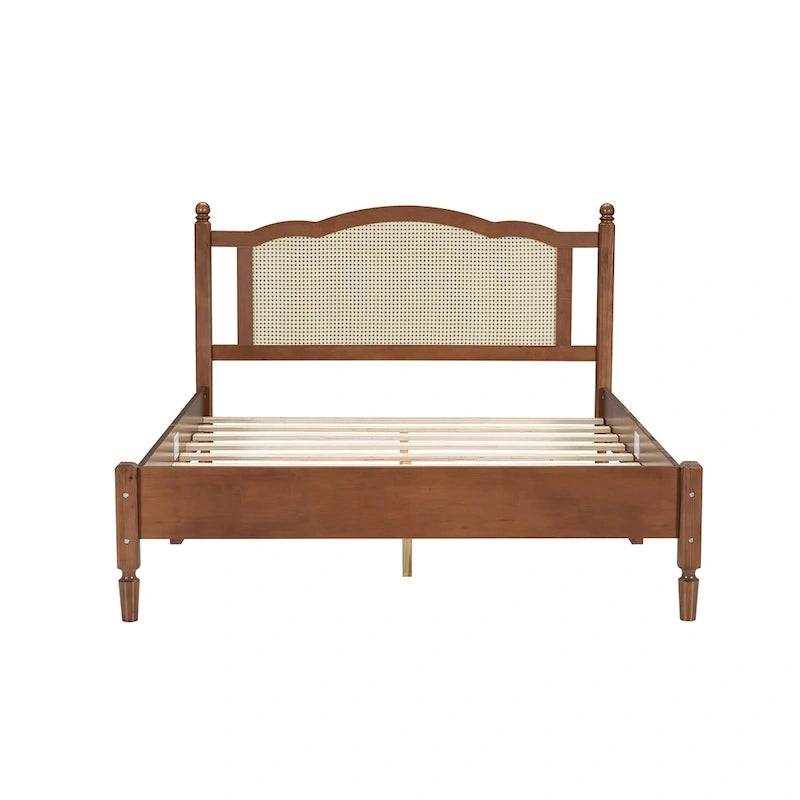 Vintage Wooden Bed with Rattan Headboard