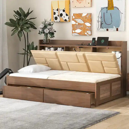 Wood Twin Size Wood Daybed with Upholstered Headboard, USB Ports, and 2 Drawers
