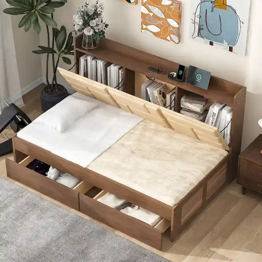 Wood Twin Size Wood Daybed with Upholstered Headboard, USB Ports, and 2 Drawers