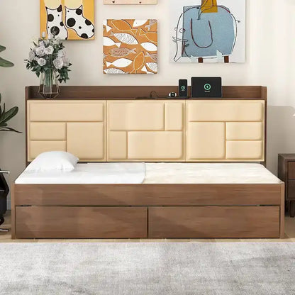 Wood Twin Size Wood Daybed with Upholstered Headboard, USB Ports, and 2 Drawers