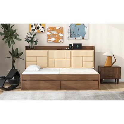Wood Twin Size Wood Daybed with Upholstered Headboard, USB Ports, and 2 Drawers