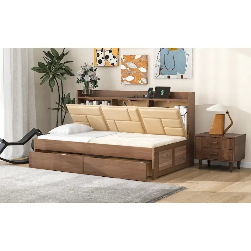 Wood Twin Size Wood Daybed with Upholstered Headboard, USB Ports, and 2 Drawers