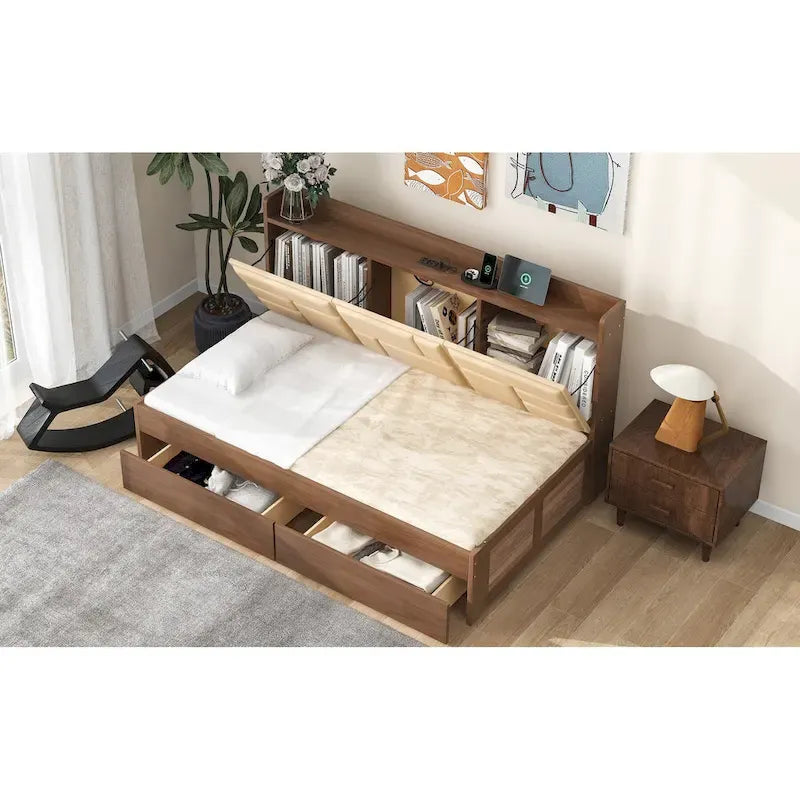 Wood Twin Size Wood Daybed with Upholstered Headboard, USB Ports, and 2 Drawers