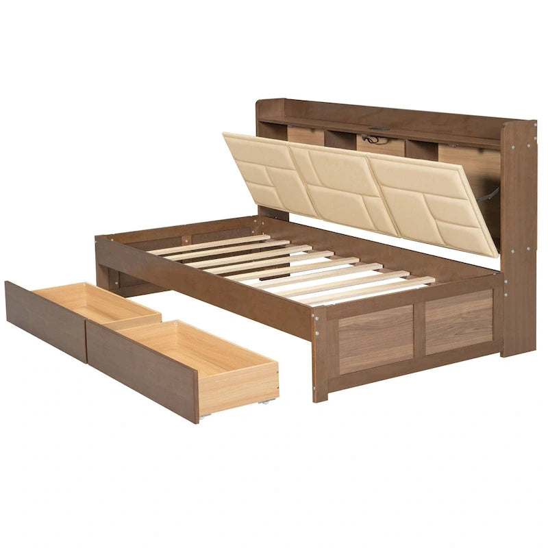 Wood Twin Size Wood Daybed with Upholstered Headboard, USB Ports, and 2 Drawers