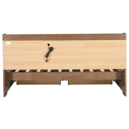 Wood Twin Size Wood Daybed with Upholstered Headboard, USB Ports, and 2 Drawers