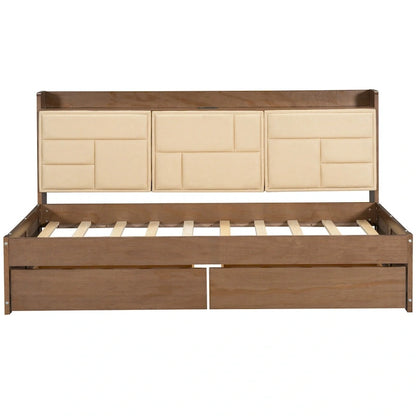 Wood Twin Size Wood Daybed with Upholstered Headboard, USB Ports, and 2 Drawers