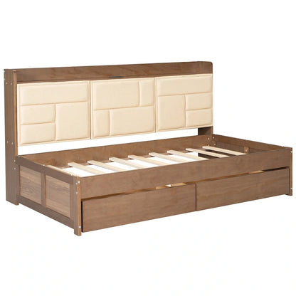 Wood Twin Size Wood Daybed with Upholstered Headboard, USB Ports, and 2 Drawers