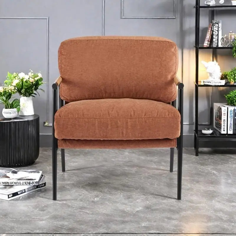 Polyester Accent Chair with Metal Frame & Wooden Armrests