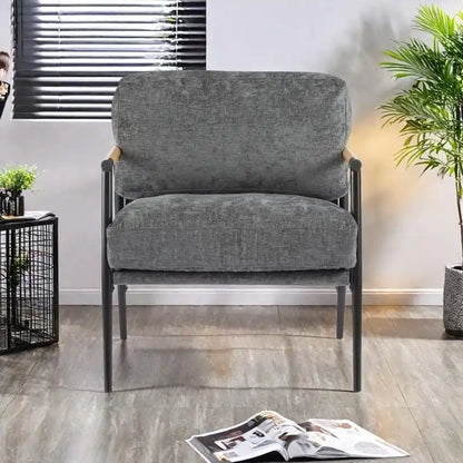 Polyester Accent Chair with Metal Frame & Wooden Armrests