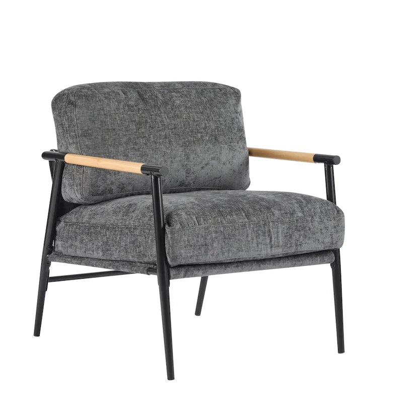 Polyester Accent Chair with Metal Frame & Wooden Armrests