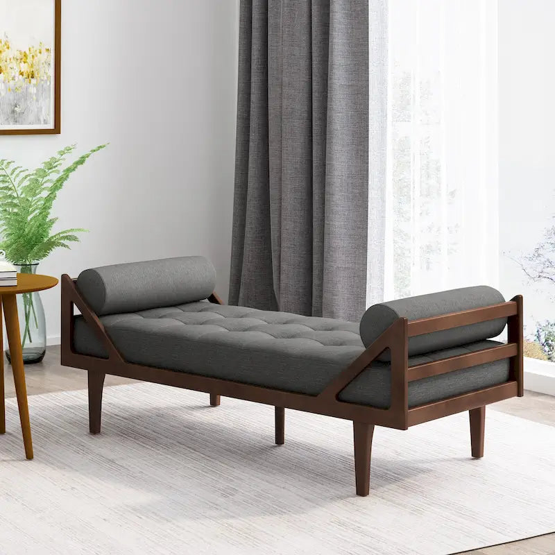 Charcoal Modern 65 Button Tufted Chaise Lounge Chair with Bent Wood Desing and Rolled Accent Pillows