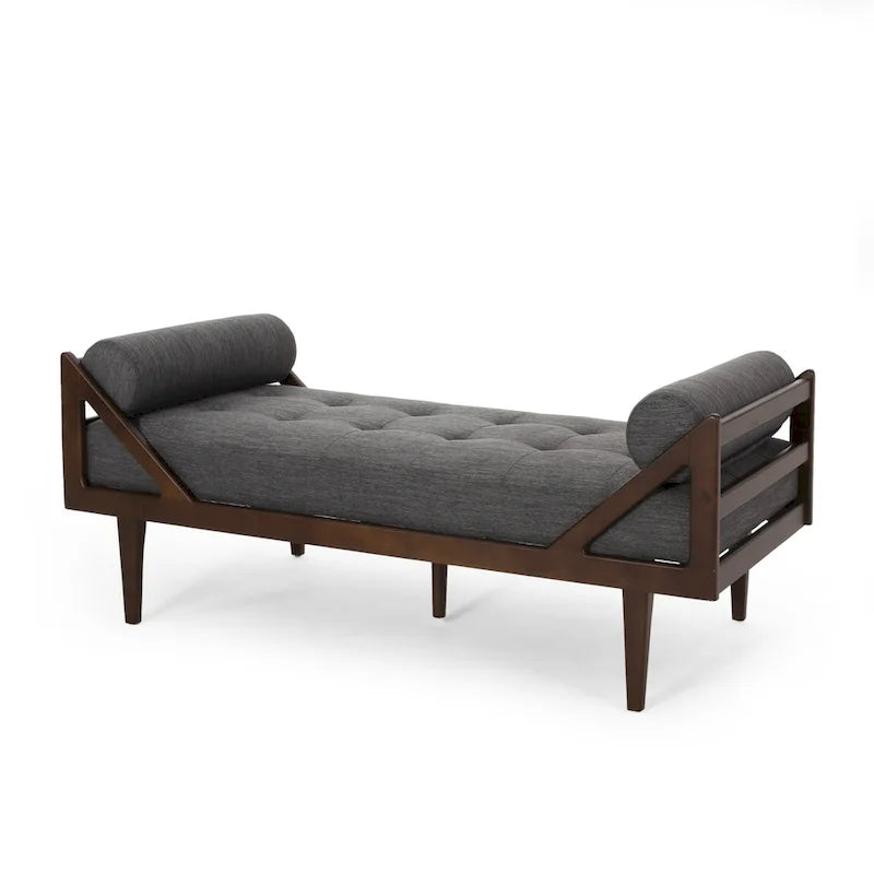 Charcoal Modern 65 Button Tufted Chaise Lounge Chair with Bent Wood Desing and Rolled Accent Pillows