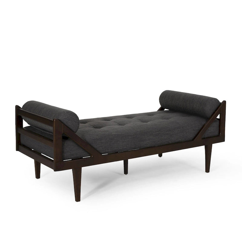Charcoal Modern 65 Button Tufted Chaise Lounge Chair with Bent Wood Desing and Rolled Accent Pillows