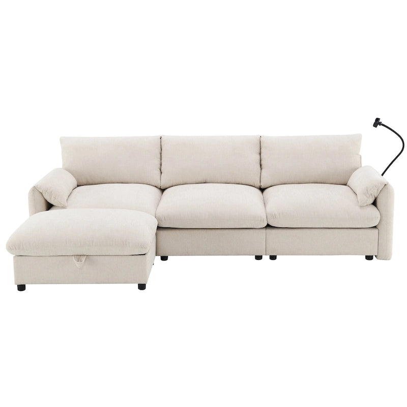 96.5 Chenille L-Shaped Sectional Sofa with Storage Ottoman, Adjustable Phone Holder, USB Charger and Armrest Storage Pockets