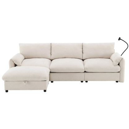 96.5 Chenille L-Shaped Sectional Sofa with Storage Ottoman, Adjustable Phone Holder, USB Charger and Armrest Storage Pockets