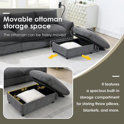 96.5 Chenille L-Shaped Sectional Sofa with Storage Ottoman, Adjustable Phone Holder, USB Charger and Armrest Storage Pockets