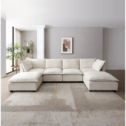 Beige 130 U-Shaped Customizable 6-Seat Modular Sectional Sofa with Convertible Ottoman and Versatile Assembly Options