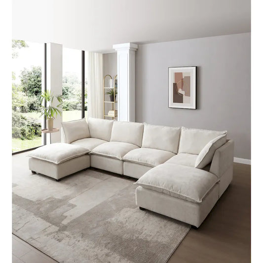 Beige 130 U-Shaped Customizable 6-Seat Modular Sectional Sofa with Convertible Ottoman and Versatile Assembly Options