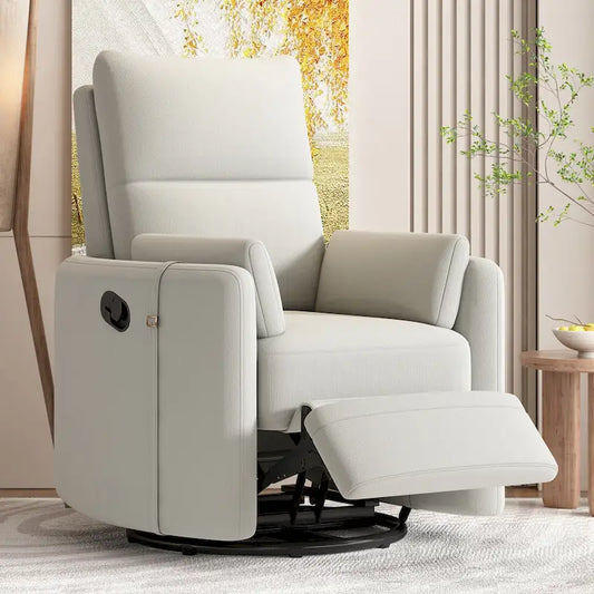 Beige Upholstered Swivel Rocker Recliner with Manual Recline, 360 Swivel, and Two Removable Cushions