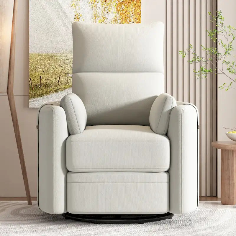 Beige Upholstered Swivel Rocker Recliner with Manual Recline, 360 Swivel, and Two Removable Cushions
